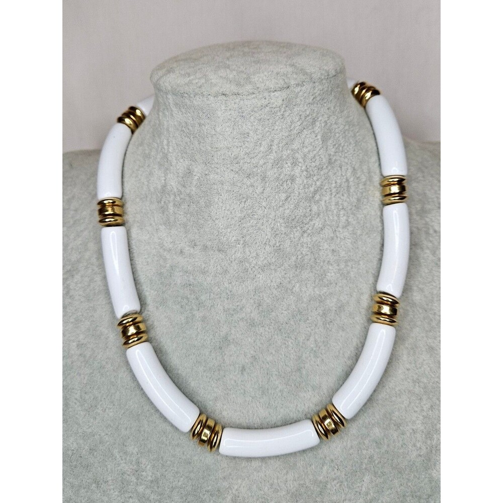 Vintage Napier White Lucite Tube Bead Necklace Gold Ribbed Spacer Choker 18"